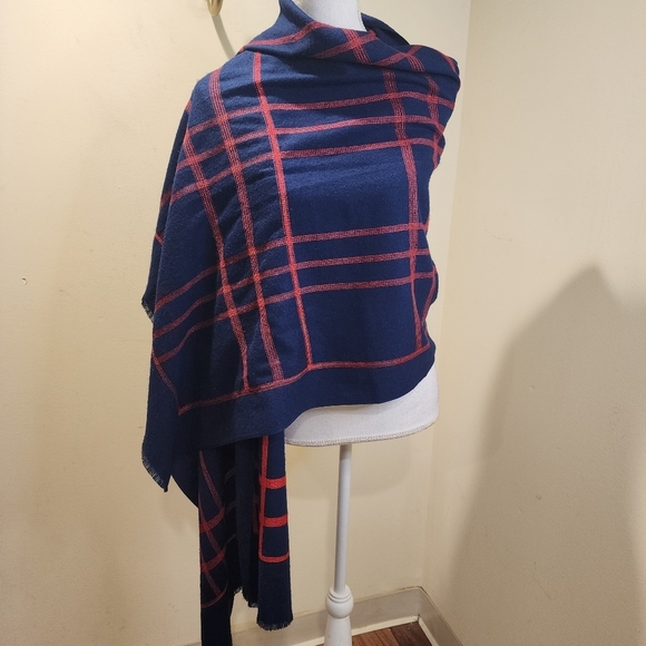 Large Navy and Red Plaid Scarf - Picture 3 of 7